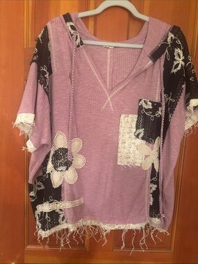 Boho Lavender /Black Patchwork Hooded Top with Lace Details